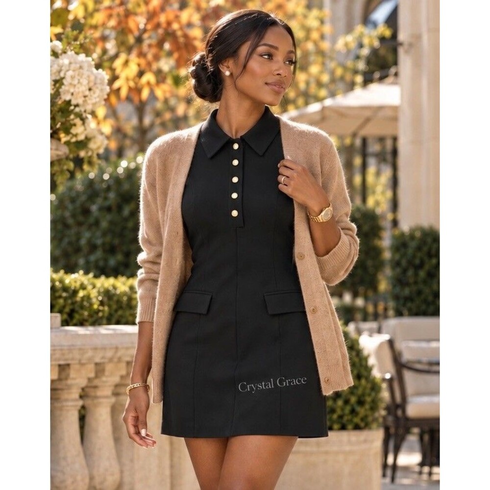 J Crew Parc Dress Womens 8 Black Carreman Stretch Collared A Line Preppy Career